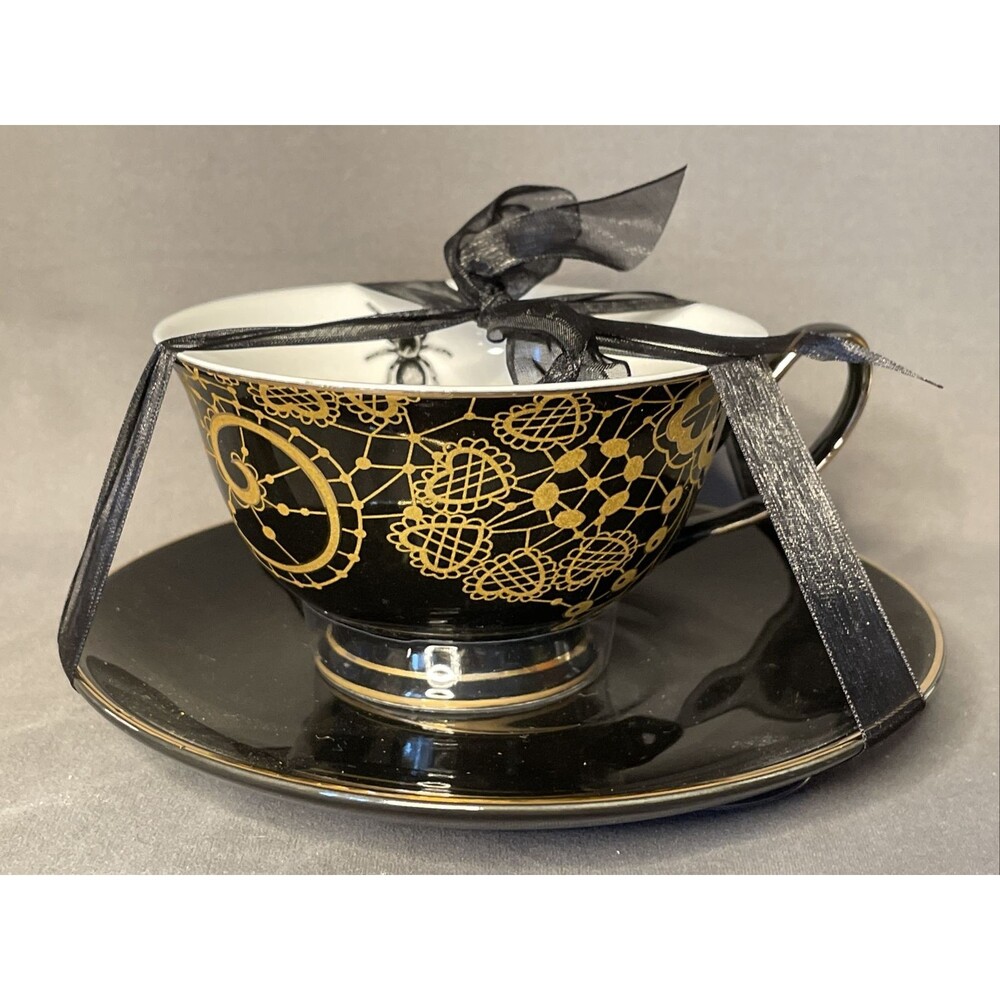 HaLlOwEeN Occult Teacup Saucer Set Spider Web Black W Gold Sketch Dinnerware